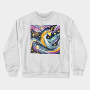 Geometric pattern of curved seamless stripes making a starry night with galaxy, stars and unicorn Crewneck Sweatshirt